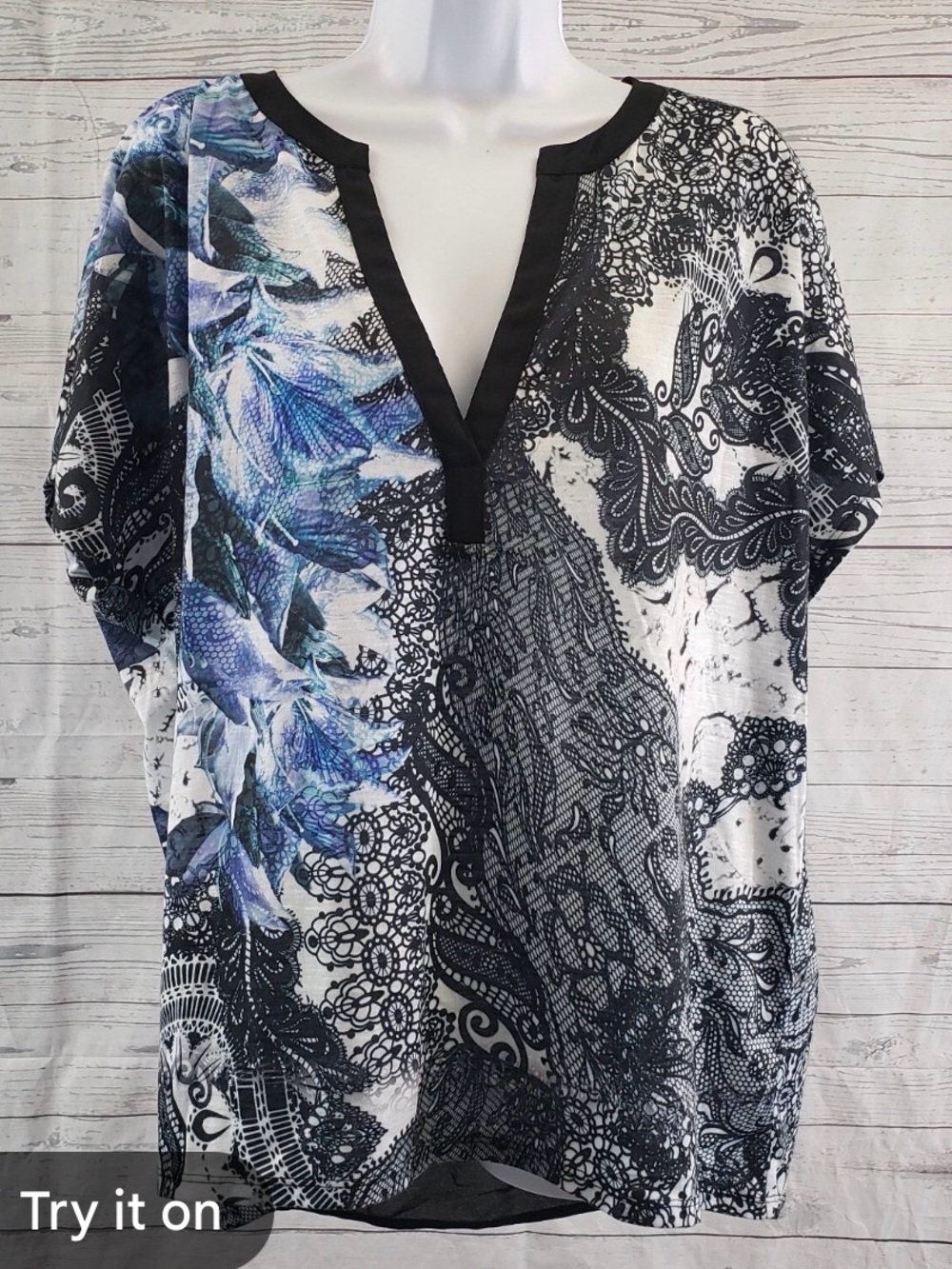 Chico's Multicolor High-Low Short Sleeve Raglan V-Neck Blouse size 1